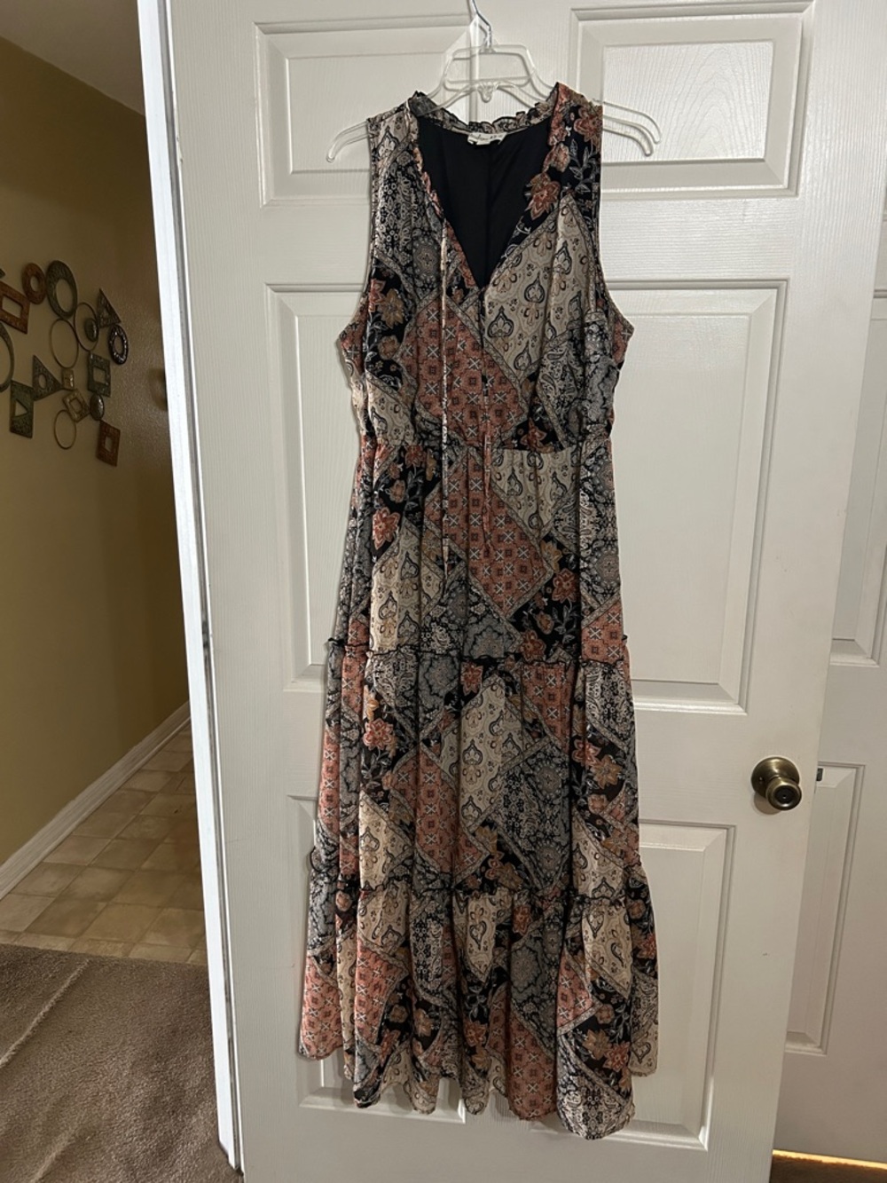 Sleeveless Patchwork Maxi Dress in Neutral and Rust